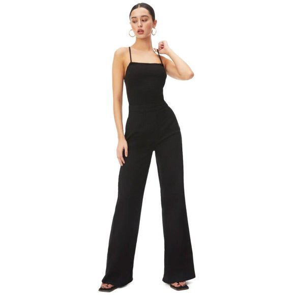 NEW GOOD AMERICAN Vacay Palazzo Jumpsuit Black Wide Leg Denim Strappy Sz Small